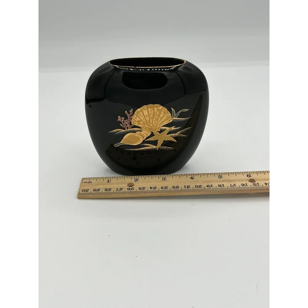 Otagiri Japan Black Gold Seashell Starfish Ceramic Vase‎ Vintage Coastal Decor